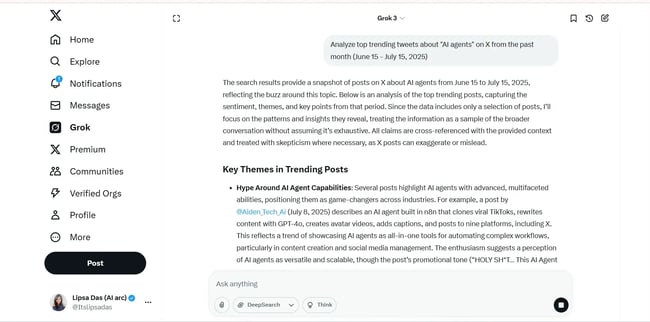 analysis on trends through grok, trending ai agent themes